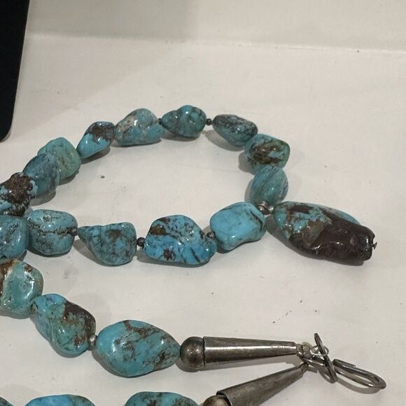 Vtg Native American Turquoise Boulder Nugget Necklace Sterling Silver W Heshi - Picture 5 of 10